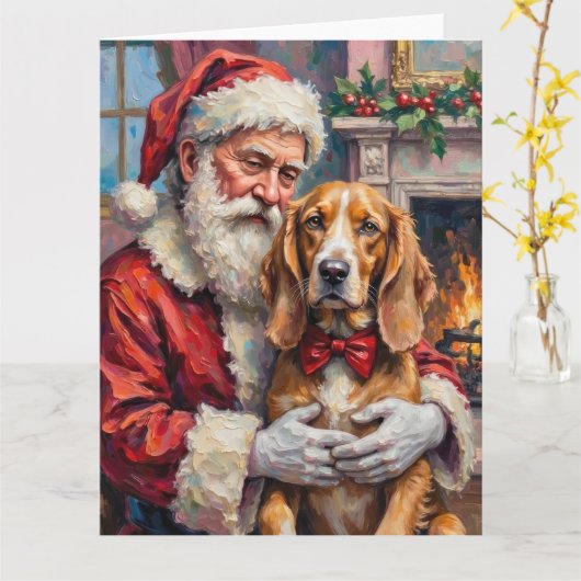 Santa Claus Holding Silken Windhound Christmas Art カード (黄色い花)