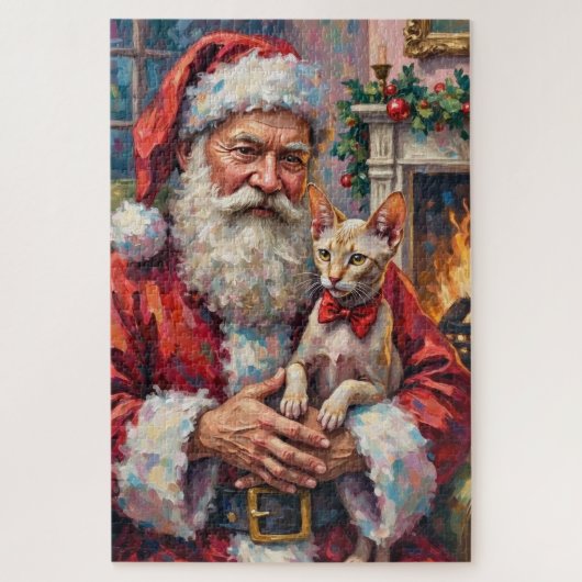 Santa Claus Holding Sphynx Cat Christmas Art ジグソーパズル (縦)