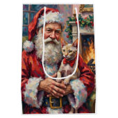 Santa Claus Holding Sphynx Cat Christmas Art ミディアムペーパーバッグ (裏面)