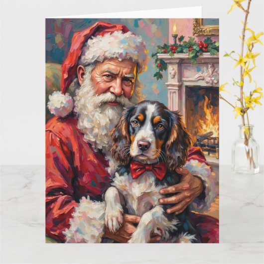 Santa Claus Holding Springer Spaniel Christmas Art カード (黄色い花)