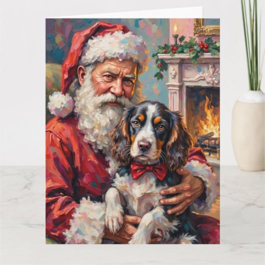 Santa Claus Holding Springer Spaniel Christmas Art カード (正面)