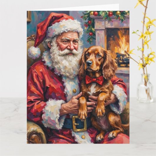 Santa Claus Holding Sussex Spaniel Christmas Art カード (黄色い花)
