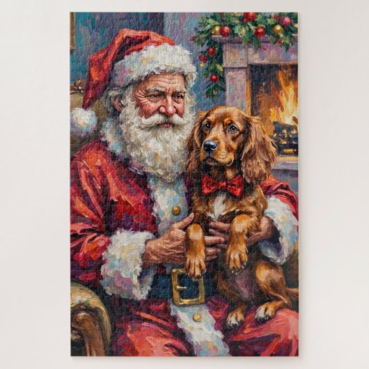Santa Claus Holding Sussex Spaniel Christmas Art ジグソーパズル (縦)