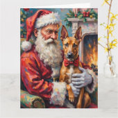 Santa Claus Holding Thai Ridgeback Christmas Art カード (黄色い花)