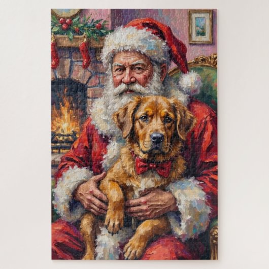 Santa Claus Holding Tibetan Mastiff Christmas Art ジグソーパズル (縦)