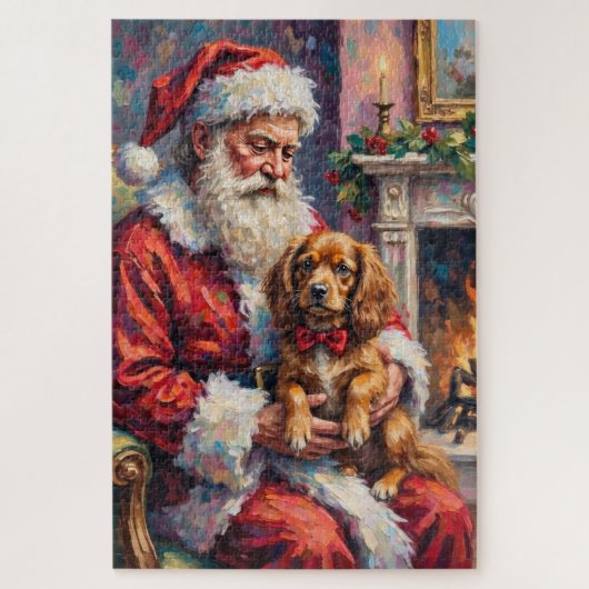 Santa Claus Holding Tibetan Spaniel Christmas Art ジグソーパズル (縦)