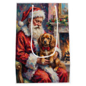 Santa Claus Holding Tibetan Spaniel Christmas Art ミディアムペーパーバッグ (裏面)