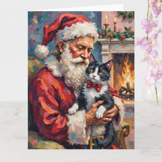 Santa Claus Holding Tuxedo Cat Christmas Art カード (蘭)