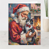 Santa Claus Holding Tuxedo Cat Christmas Art カード (正面)