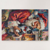 Santa Claus Holding Tuxedo Cat Christmas Art ジグソーパズル (横)