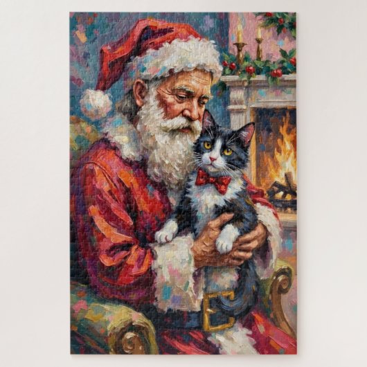 Santa Claus Holding Tuxedo Cat Christmas Art ジグソーパズル (縦)