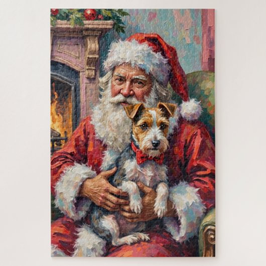 Santa Claus Holding Wirefox Terrier Christmas Art ジグソーパズル (縦)