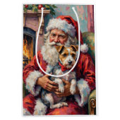 Santa Claus Holding Wirefox Terrier Christmas Art ミディアムペーパーバッグ (正面)