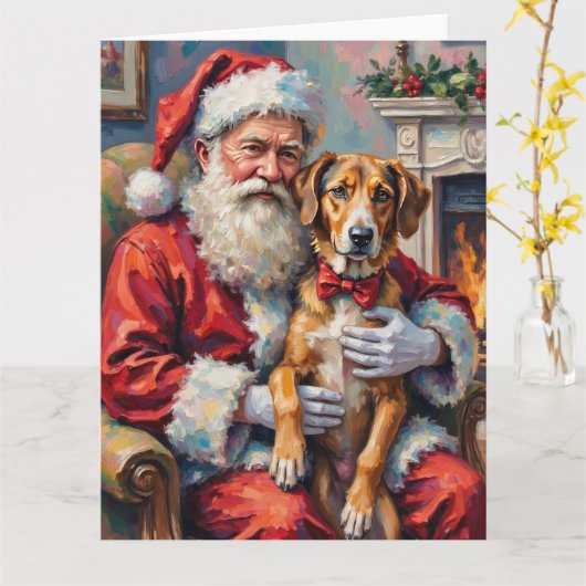 Santa Claus Holding Wolfhound Christmas Art カード (黄色い花)