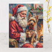 Santa Claus Holding Yorkshire Terrier Christmas  カード (黄色い花)