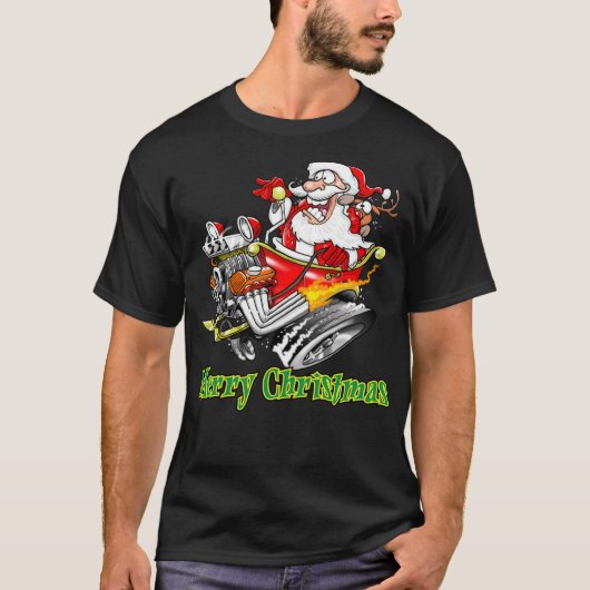 Santa Claus Hot Rod Sleigh Merry Christmas Tシャツ (正面)