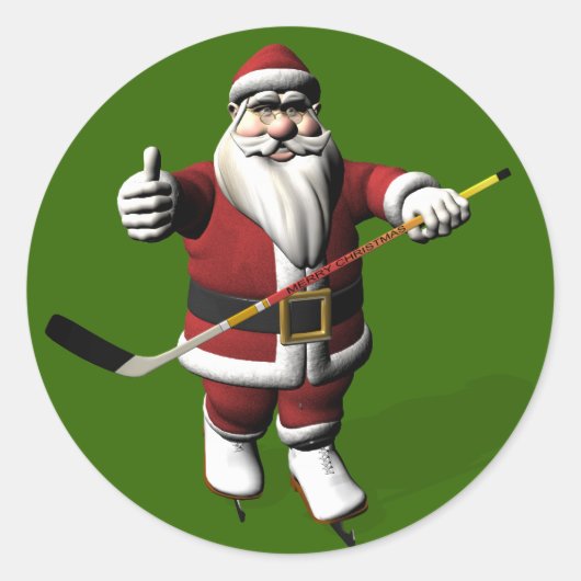 Santa Claus Ice Hockey Player ラウンドシール (正面)