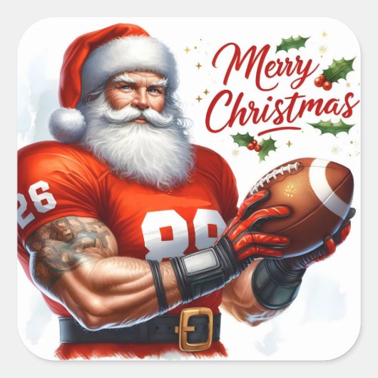 Santa Claus in a Sports Jersey Holding a Football スクエアシール (正面)