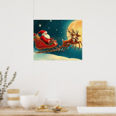 Santa Claus in sleigh with reindeer ポスター (キッチン)