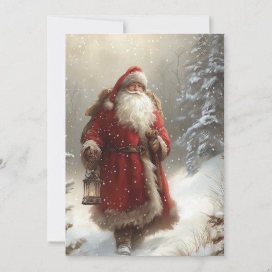 Santa Claus in Snowy Forest Happy Holidays Flat カード (正面)