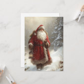 Santa Claus in Snowy Forest Happy Holidays Flat カード (正面/裏面インサイチュ)
