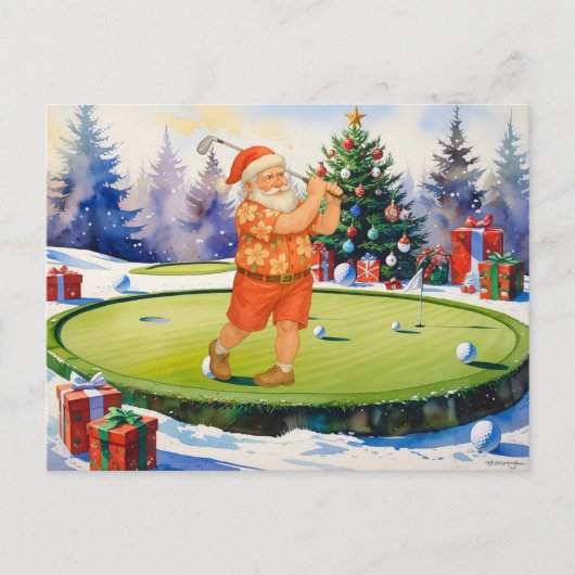 Santa Claus is golfing on putting green シーズンポストカード (正面)