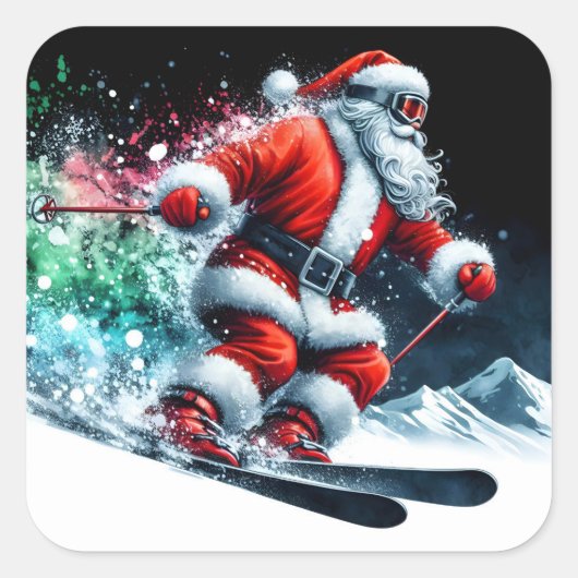 Santa Claus Joyfully Skiing on Snowy Mountains スクエアシール (正面)