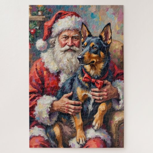 Santa Claus Norwegian Lundehund Christmas Art ジグソーパズル (縦)
