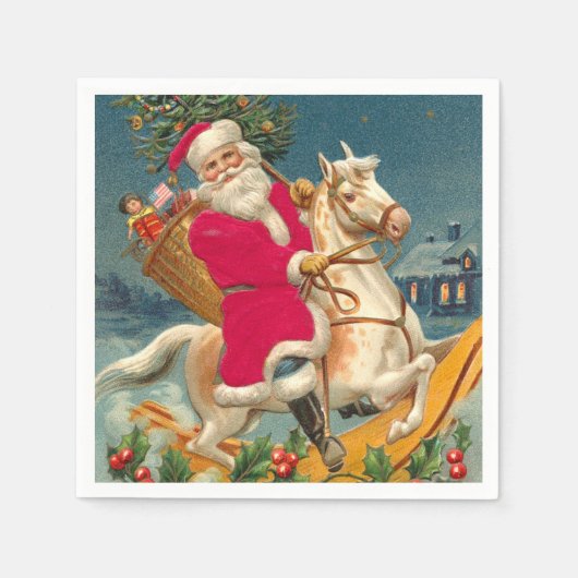Santa Claus on a wooden horse スタンダードカクテルナプキン (正面)