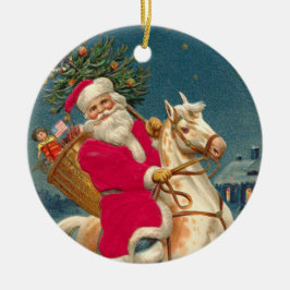 Santa Claus on a wooden horse セラミックオーナメント