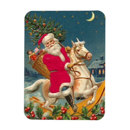Santa Claus on a wooden horse マグネット (縦)