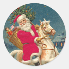 Santa Claus on a wooden horse ラウンドシール