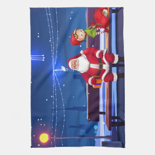 Santa Claus on Park bench キッチンタオル (縦)