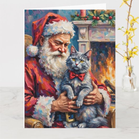 Santa Claus Oriental Blue Cat Christmas Art カード (黄色い花)
