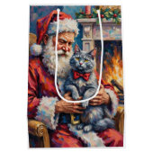 Santa Claus Oriental Blue Cat Christmas Art ミディアムペーパーバッグ (裏面)