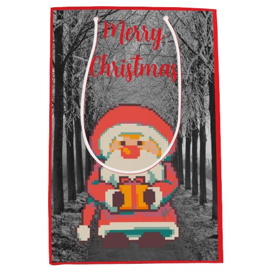 Santa Claus Pixelart Merry Christmas, Pixel Art  ミディアムペーパーバッグ (正面)