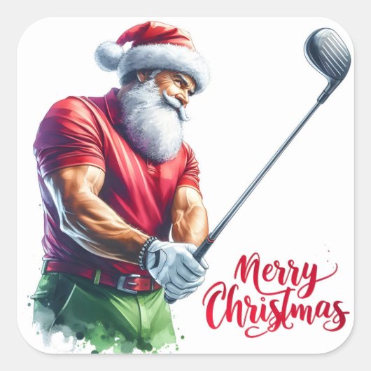 Santa Claus Playing Golf During the Holiday Season スクエアシール (正面)