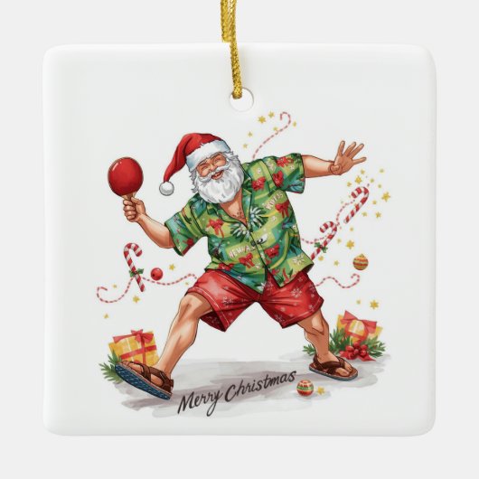 Santa Claus playing ping pong in a Hawaiian shirt セラミックオーナメント (正面)