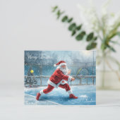 Santa Claus Playing Tennis Winter Holiday シーズンポストカード (スタンド正面)