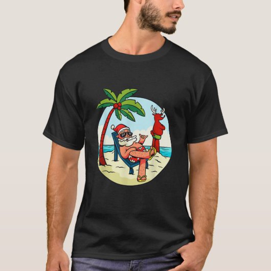Santa Claus Reindeer Beach Swimming Trunks Palm Tr Tシャツ (正面)