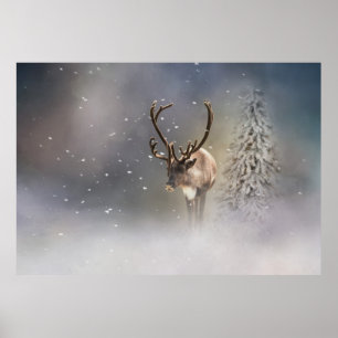 Santa Claus Reindeer in the snow ポスター