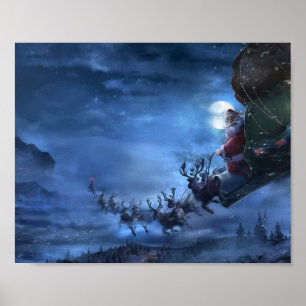 Santa Claus rides reindeer sleigh ポスター