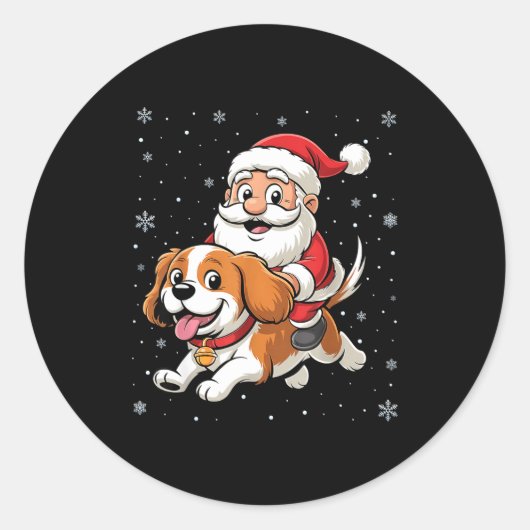 Santa Claus Riding Cavalier King Charles Spaniel D ラウンドシール (正面)