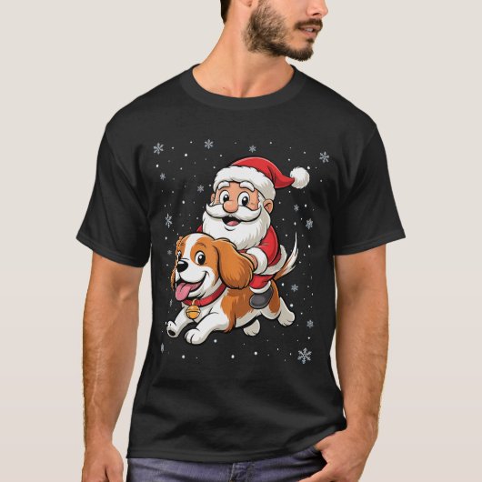 Santa Claus Riding Cavalier King Charles Spaniel D Tシャツ (正面)