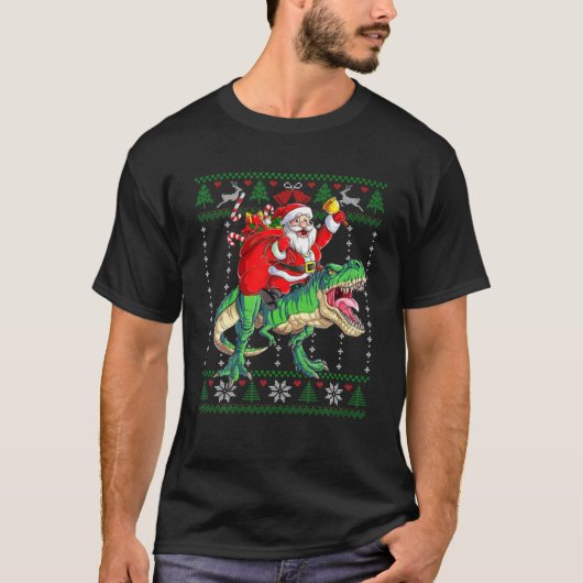 Santa Claus Riding Dinosaur Rex Christmas Tシャツ (正面)