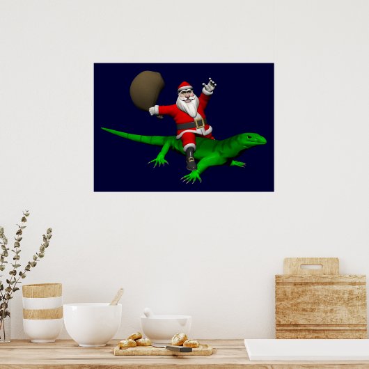 Santa Claus Riding Green Lizard ポスター (キッチン)