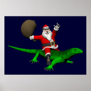 Santa Claus Riding Green Lizard ポスター