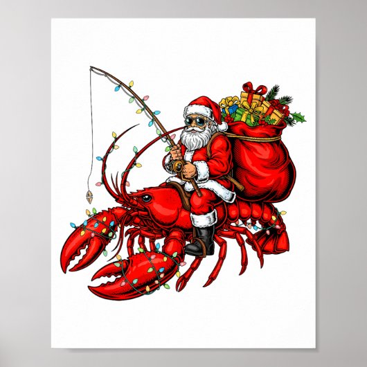 Santa Claus Riding Lobster Lights Christmas Fishin ポスター (正面)