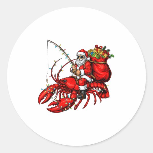Santa Claus Riding Lobster Lights Christmas Fishin ラウンドシール (正面)