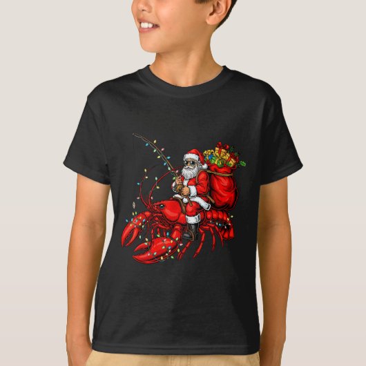 Santa Claus Riding Lobster Lights Christmas Fishin Tシャツ (正面)